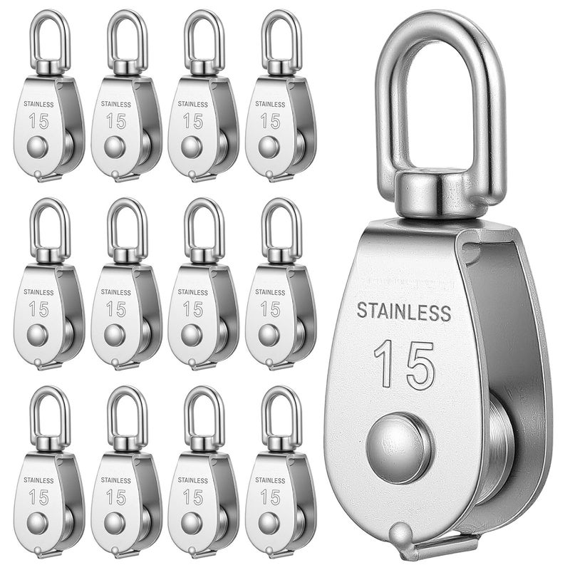 AojSup 12 Pack M15 Pulleys for Rope, 304 Stainless Steel Wire Rope Cable Pulley, Heavy Duty Swivel Pulley Wheel Hanging Wire Towing Wheel for Lifting - Image 1